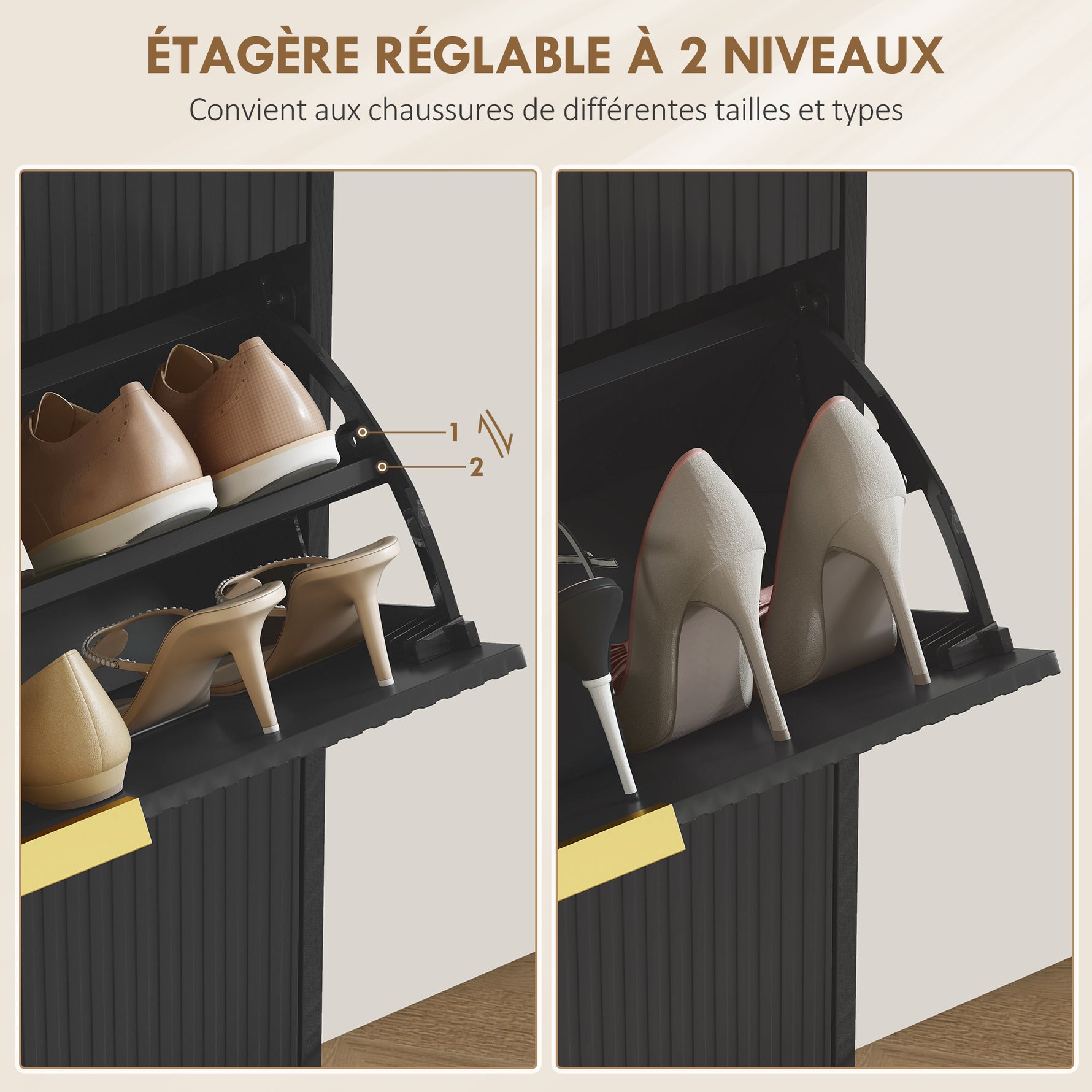 Meuble à chaussures 18 paires avec 3 tiroirs rabattables, portes cannelées et étagères réglables, 60x24x122,5cm, noir