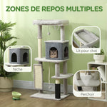 Arbre à Chat Tour de Jeux pour Chats Centre d'Activités avec Poteaux à Griffer en Sisal Niche Hauteur 132 cm Gris