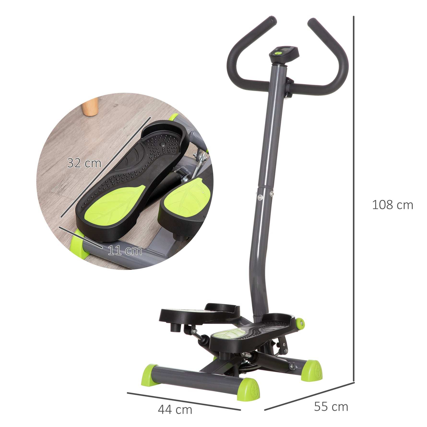 Stepper avec guidon stepper fitness appartement écran LCD résistance réglable acier gris vert noir