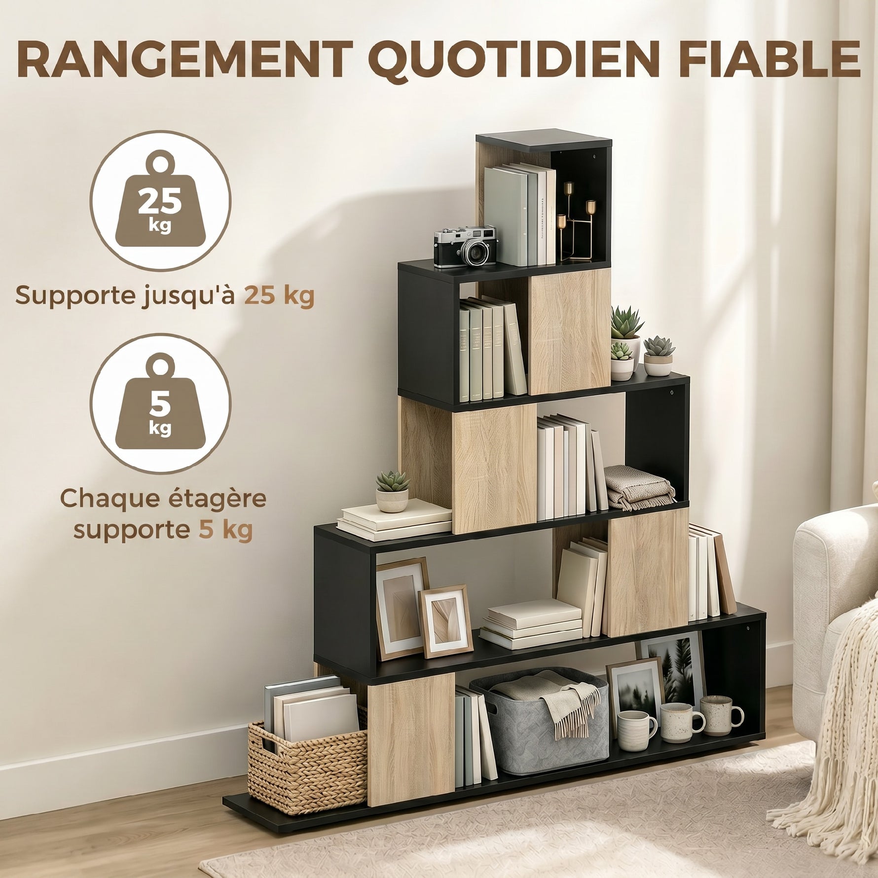 Étagère de rangement, bibliothèque géométrique à 5 niveaux, pour bureau, salon, chambre, noir et bois naturel
