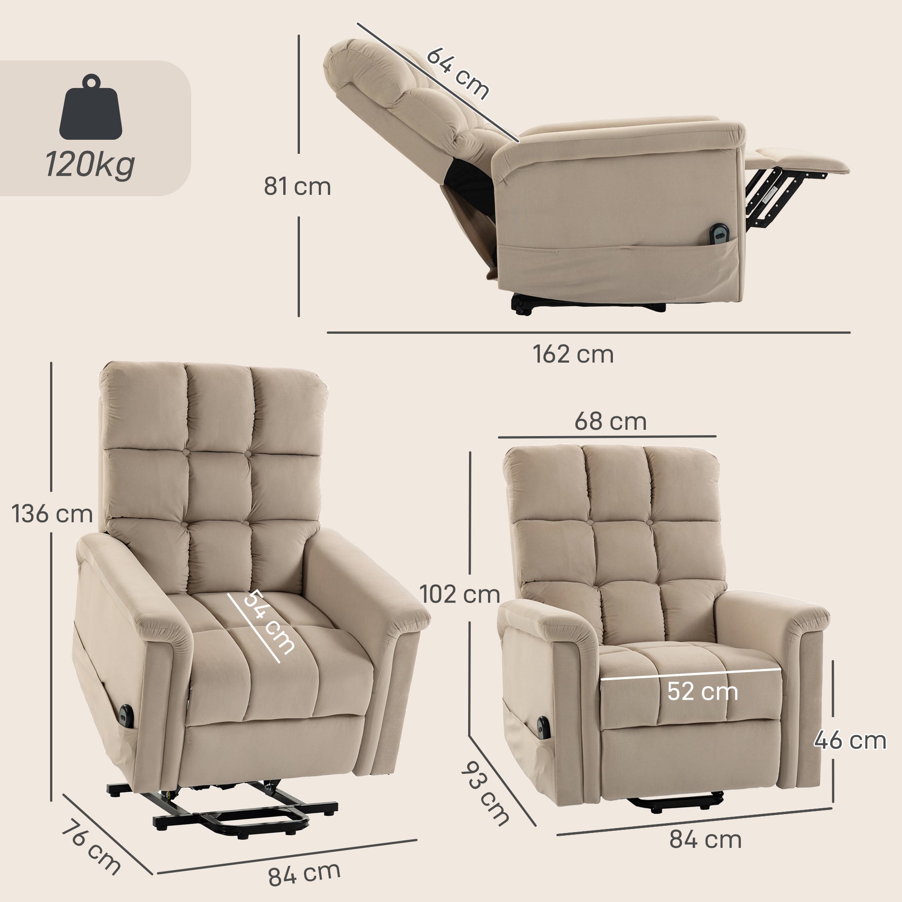 Fauteuil Releveur Électrique, Fauteuil Relax Électrique en Velours avec Dossier Inclinable, Télécommande, Marron