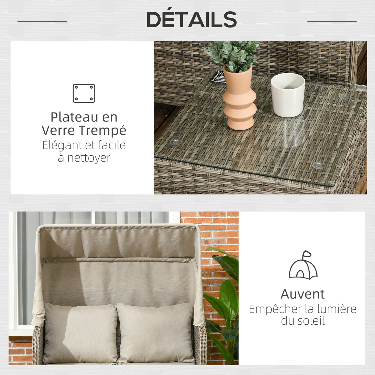 Conjunto de jardín de 4 piezas: sofá de 2 plazas + 1 reposapiés + 2 mesas de centro con cojines beige marrón