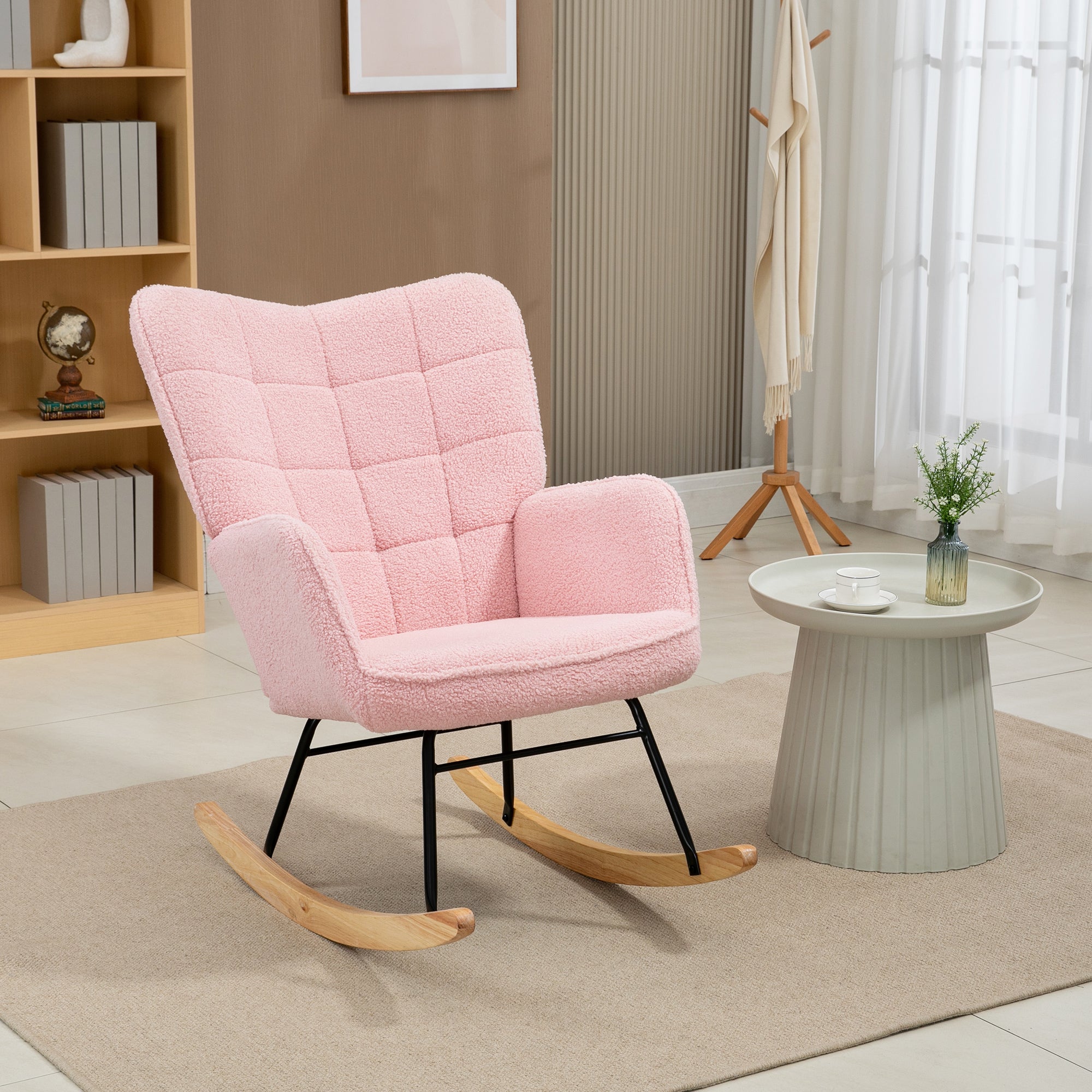 Rocking chair, bouclé fabric upholstery, steel frame, 71 x 98 x 101 cm, pink
