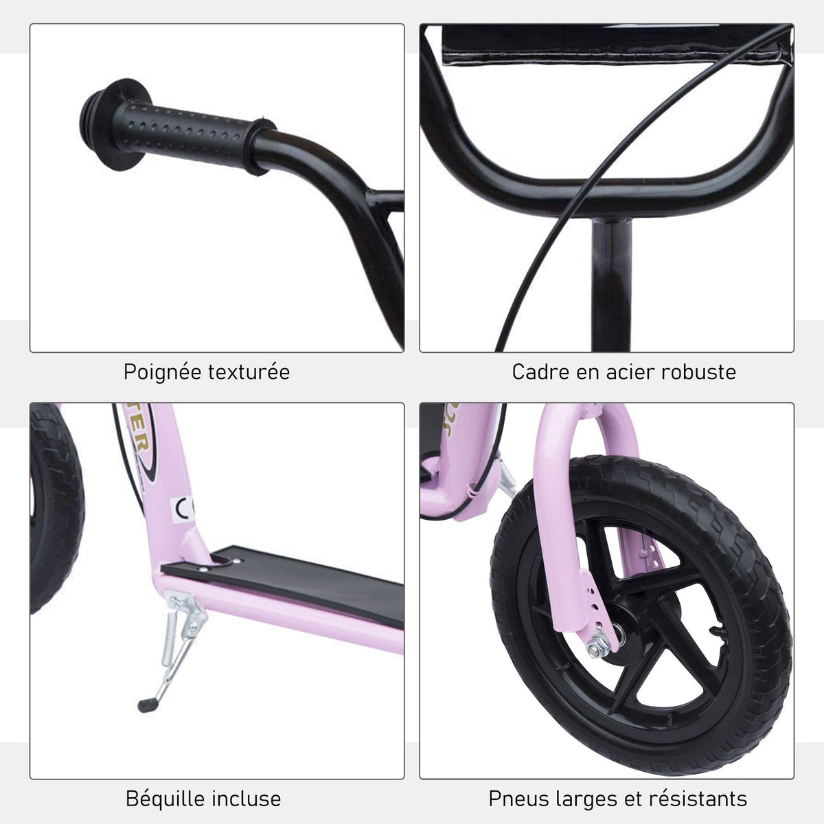 Kinderroller Cityroller 30 cm Luftreifen, höhenverstellbarer Lenker, Handbremse und Ständer, Stahl, für Kinder ab 5 Jahren, Pink