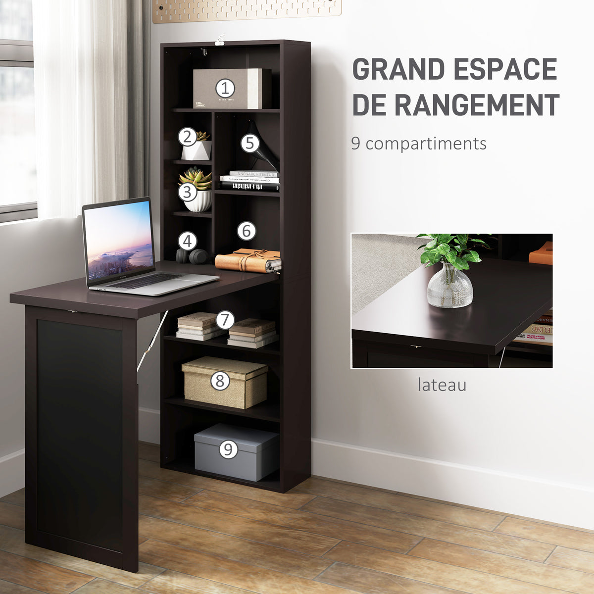 Bureau avec rangement pliable murale rabattable avec bibliothèque poste de travail tableau à craie et étagère réglable