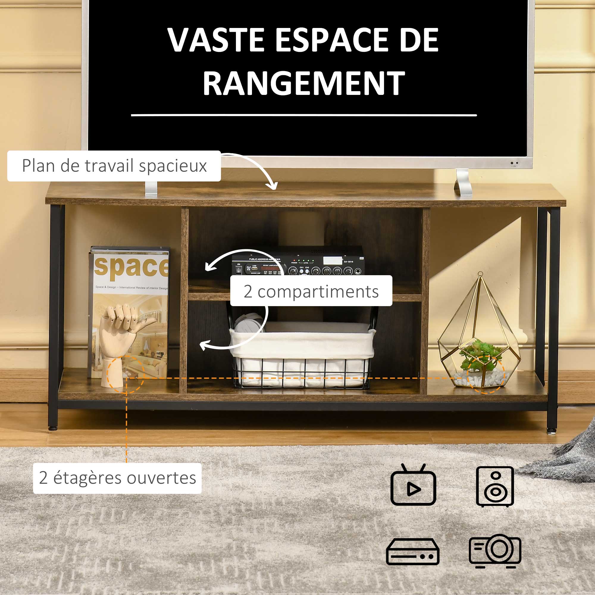 Meuble TV, meuble télé avec compartiments ouverts, étagère réglable, 110x40x50cm, brun rustique