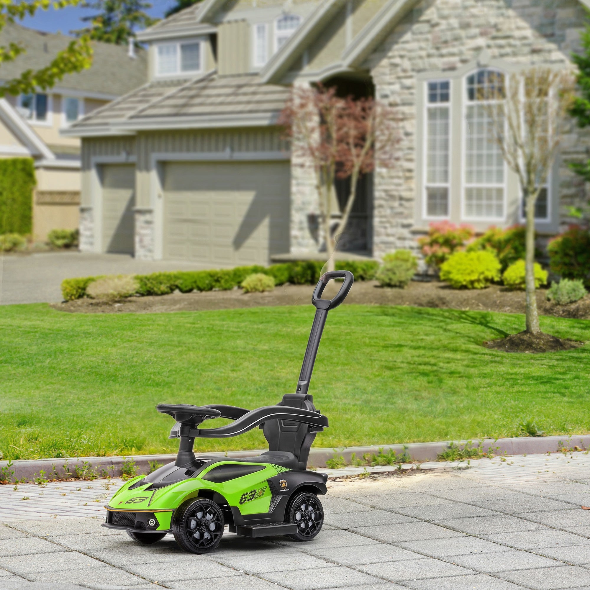 Ride-on push car for children aged 1 to 3 years, multi-featured with push handle, horn, and steering wheel, green