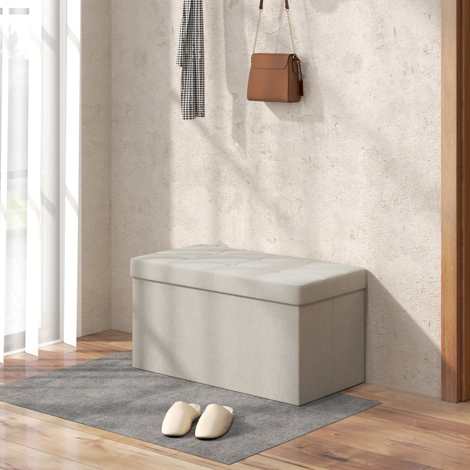 Banc de rangement pouf de rangement pliable bout de lit repose-pieds avec couvercle capitonnée 76L x 38l x 38H cm crème