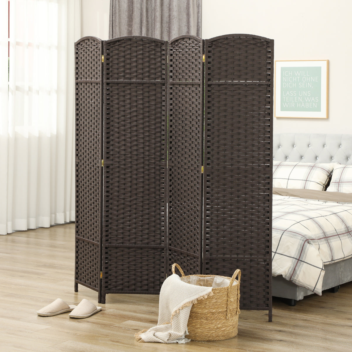 Paravent interieur en bois 4 panneaux 160 x 170 cm séparateur de pièce pliable pour salon, chambre à coucher, marron
