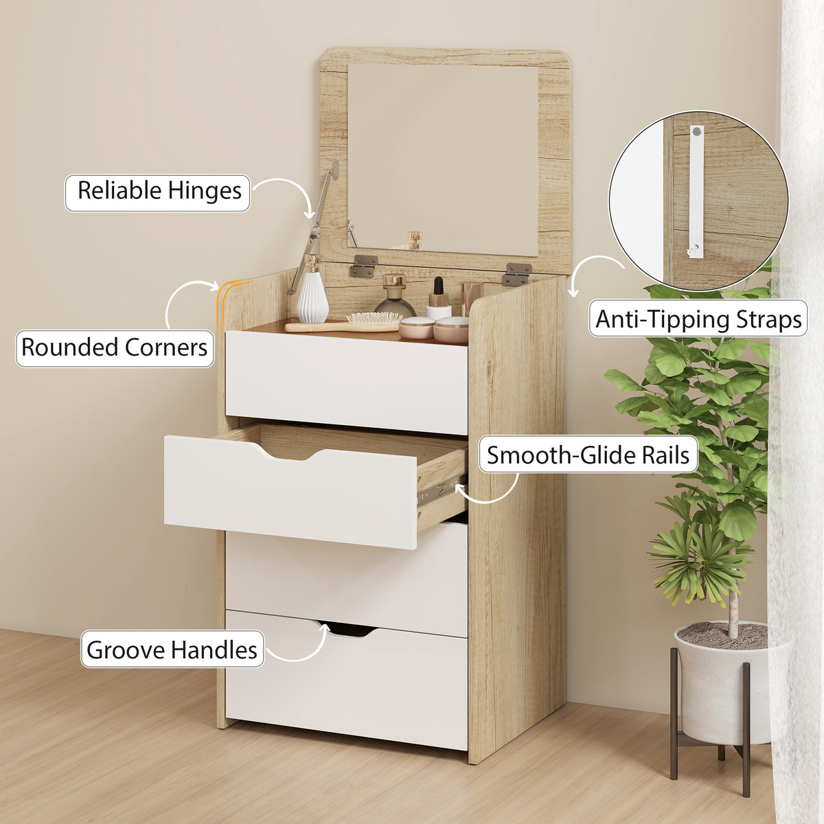 Dressing table with flip-top mirror and storage stool, makeup table, 2 drawers, padded seat, white oak