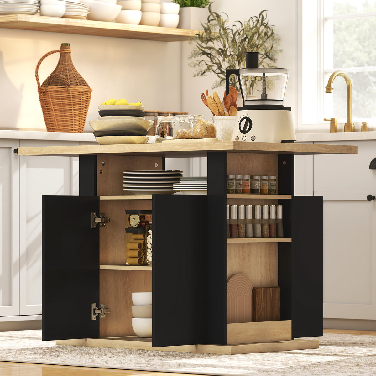 Tavolo da pranzo isola centrale cucina con ampio piano di lavoro 4 persone armadietto 4 ante 110 x 70 x 75,5 cm nero