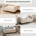 Banc de rangement bout de lit avec accoudoirs, tissu effet velours rembourré et capitonné, 126 x 48,5 x 57 cm, beige