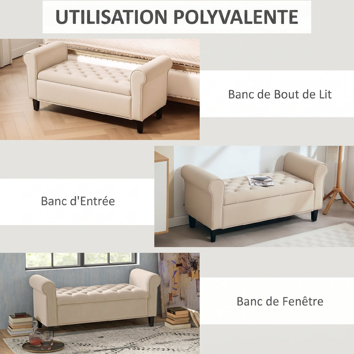 Banc de rangement bout de lit avec accoudoirs, tissu effet velours rembourré et capitonné, 126 x 48,5 x 57 cm, beige