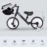 Bicicletta per bambini 2 in 1, balance bike con rotelle e pedali rimovibili, ruote da 12", altezza sella regolabile per bambini dai 2 ai 5 anni, acciaio, nero