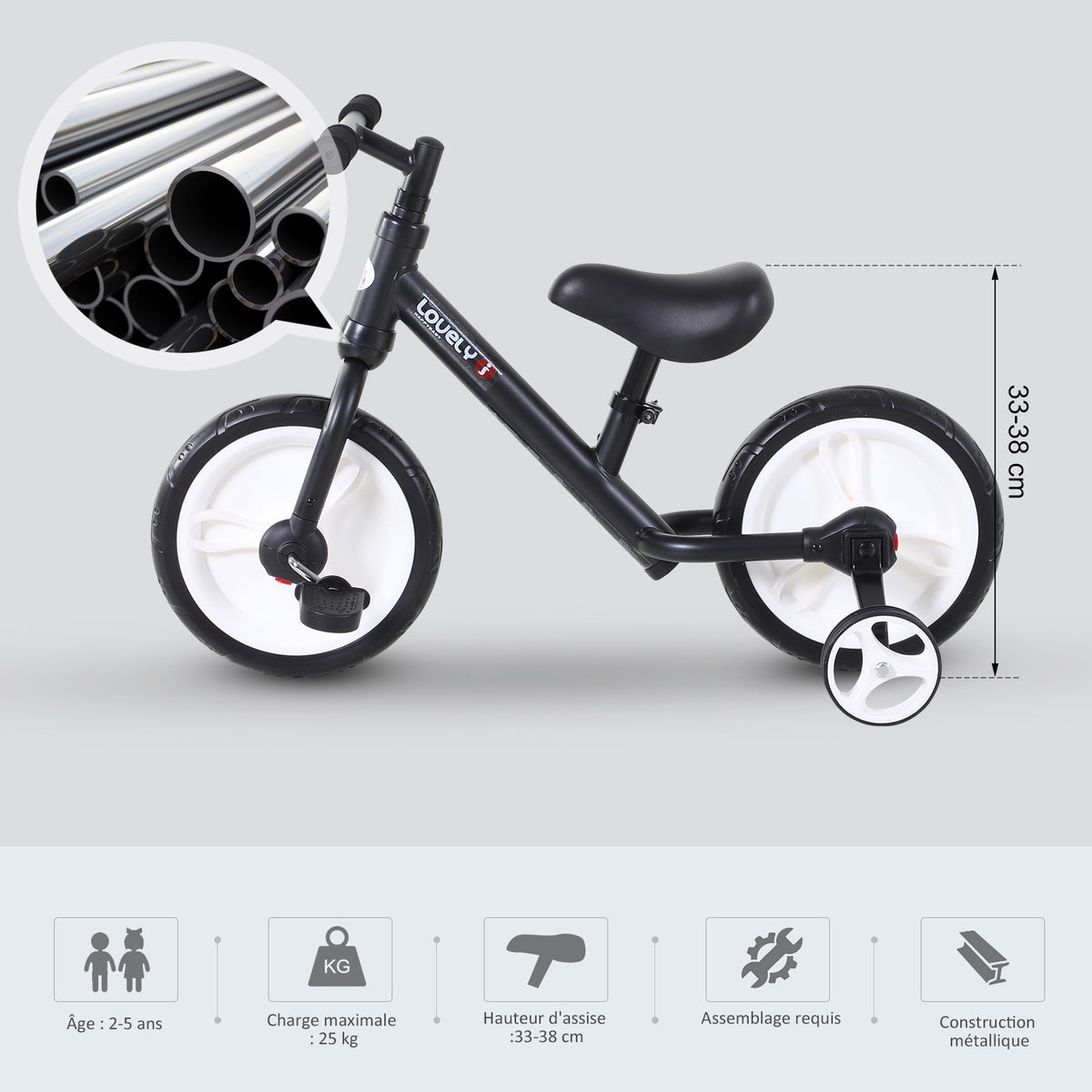 Bicicletta per bambini 2 in 1, balance bike con rotelle e pedali rimovibili, ruote da 12", altezza sella regolabile per bambini dai 2 ai 5 anni, acciaio, nero