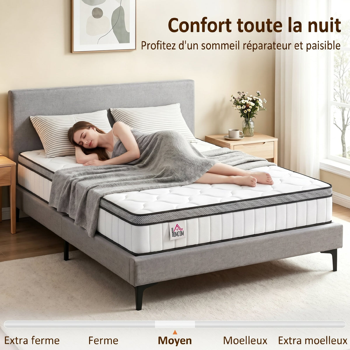 Matelas 140 x 190 cm, 20cm d'épaisseur, matelas à ressorts ensachés 7 zones mousse à mémoire forme au gel rafraîchissant
