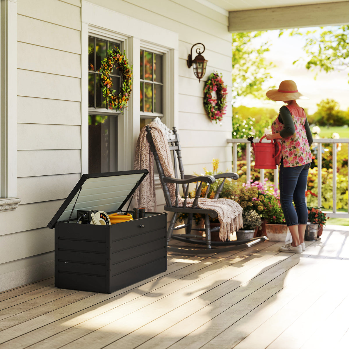 Coffre de rangement exterieur XXL 311L coffre de jardin acier galvanisé verrouillable vérin à gaz 120x62x62cm gris foncé