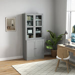 Bibliothèque vitrine, meuble de rangement à 6 niveaux avec 4 portes dont 2 en verre trempé, étagères réglables, gris