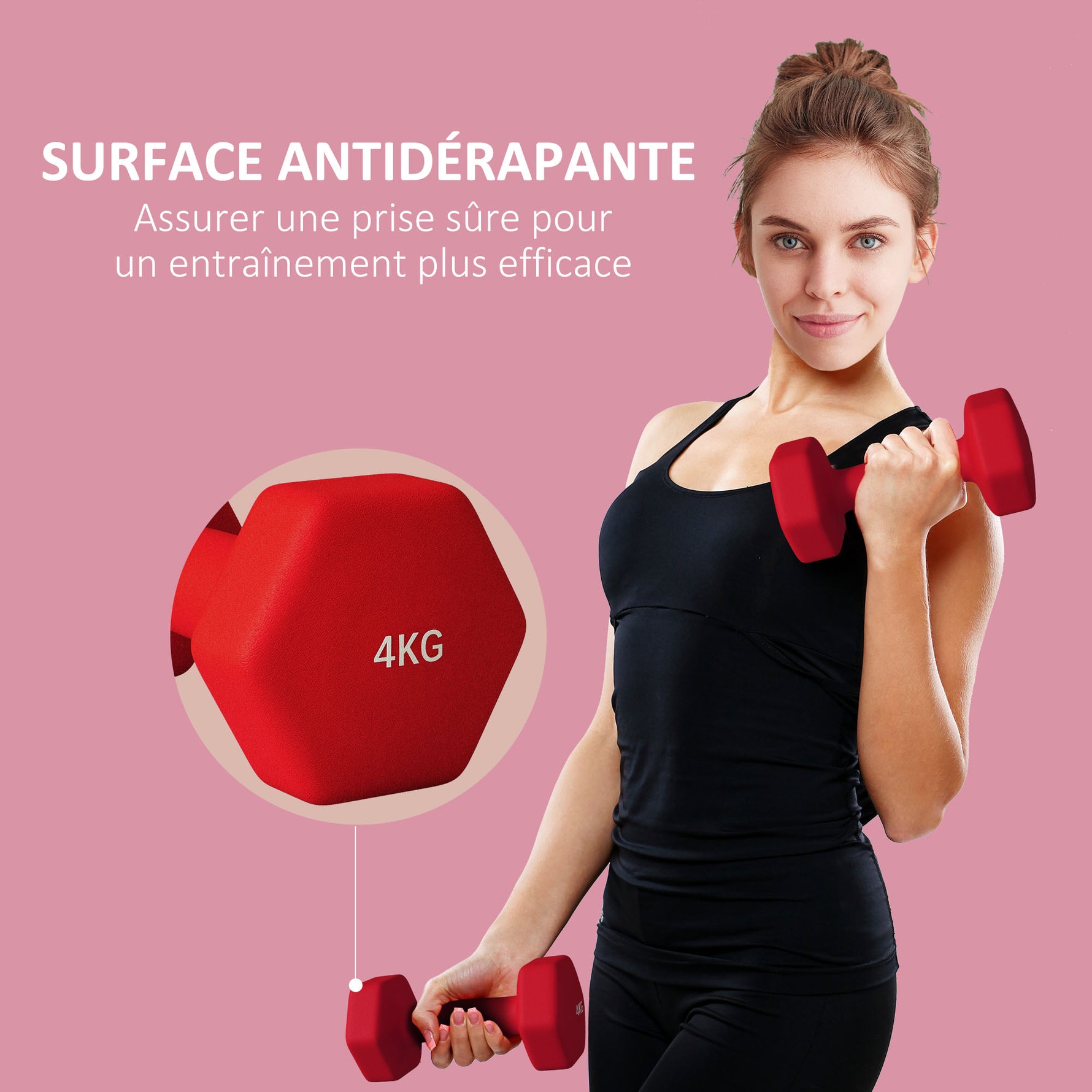 Lot de 2 haltères hexagonales avec poignée antidérapante pour l'entraînement à la maison, 2 x 4kg, rouge