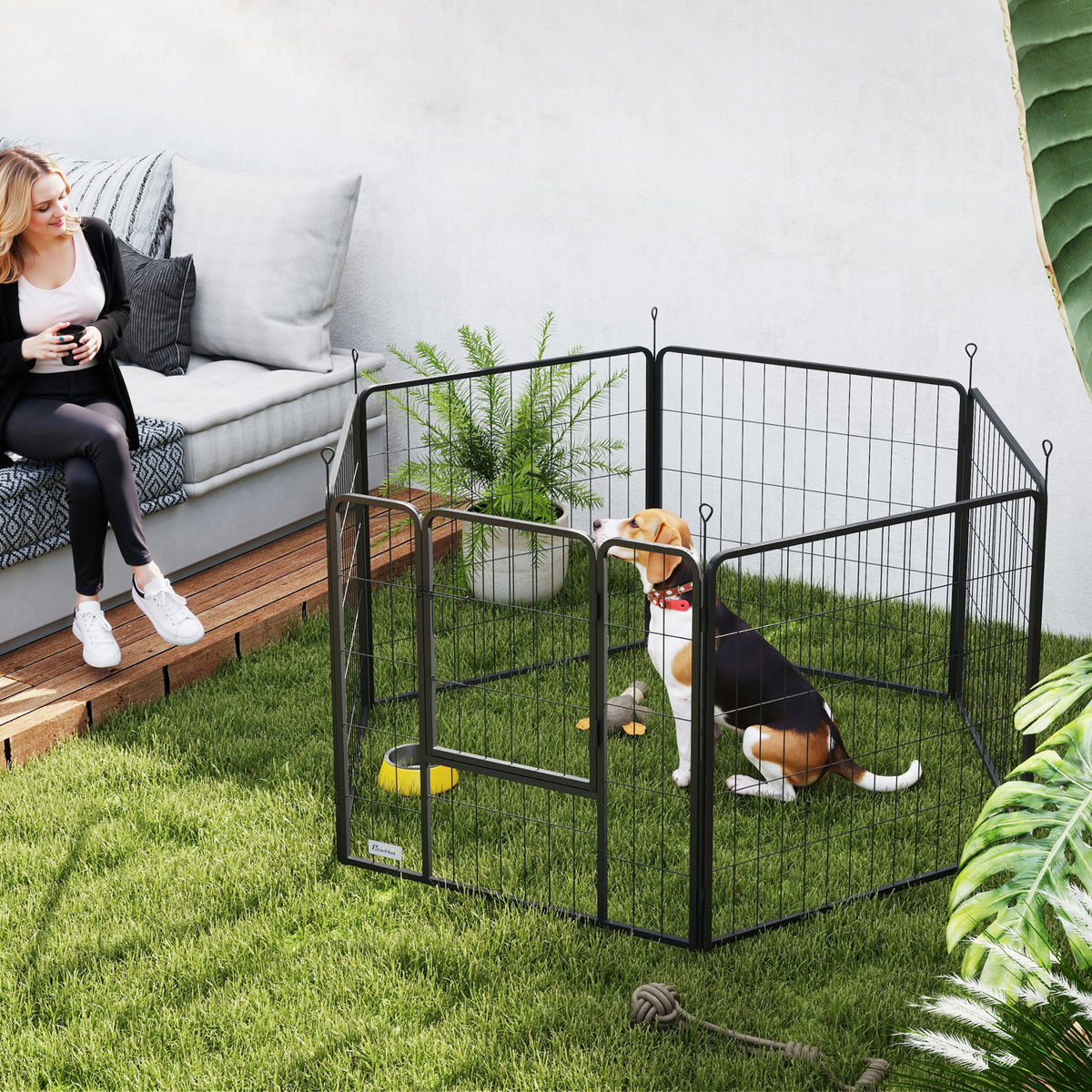 Dog playpen, 6-panel modular and foldable dog enclosure, portable steel with door 80 x 80 grey