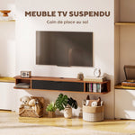 Mobile TV sospeso, mobile porta TV per televisori fino a 60 pollici, anta a ribalta, 2 ripiani, 140x24x16cm, noce