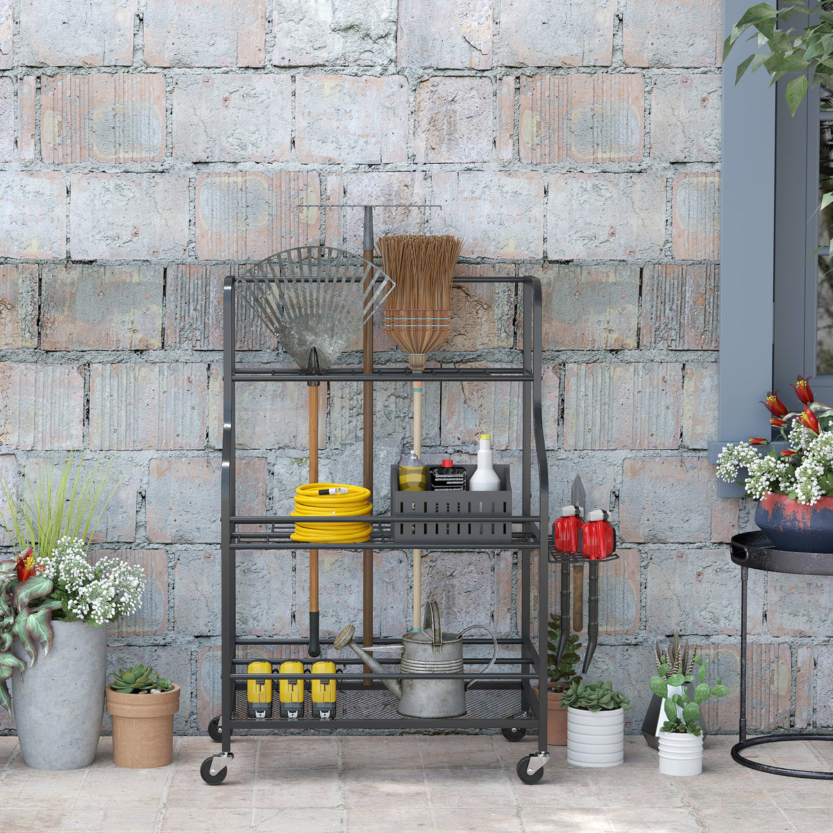 Organiseur d'outils de jardin, support à outils de jardin 54 emplacements 5 crochets en acier sur roues 3 niveaux noir
