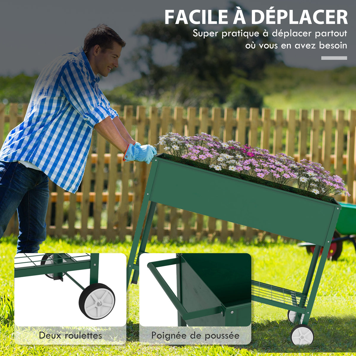 Jardinière sur Pieds Potager dim. 109L x 44l x 80H cm étagère 2 Roues + Insert d'irrigation métal Vert