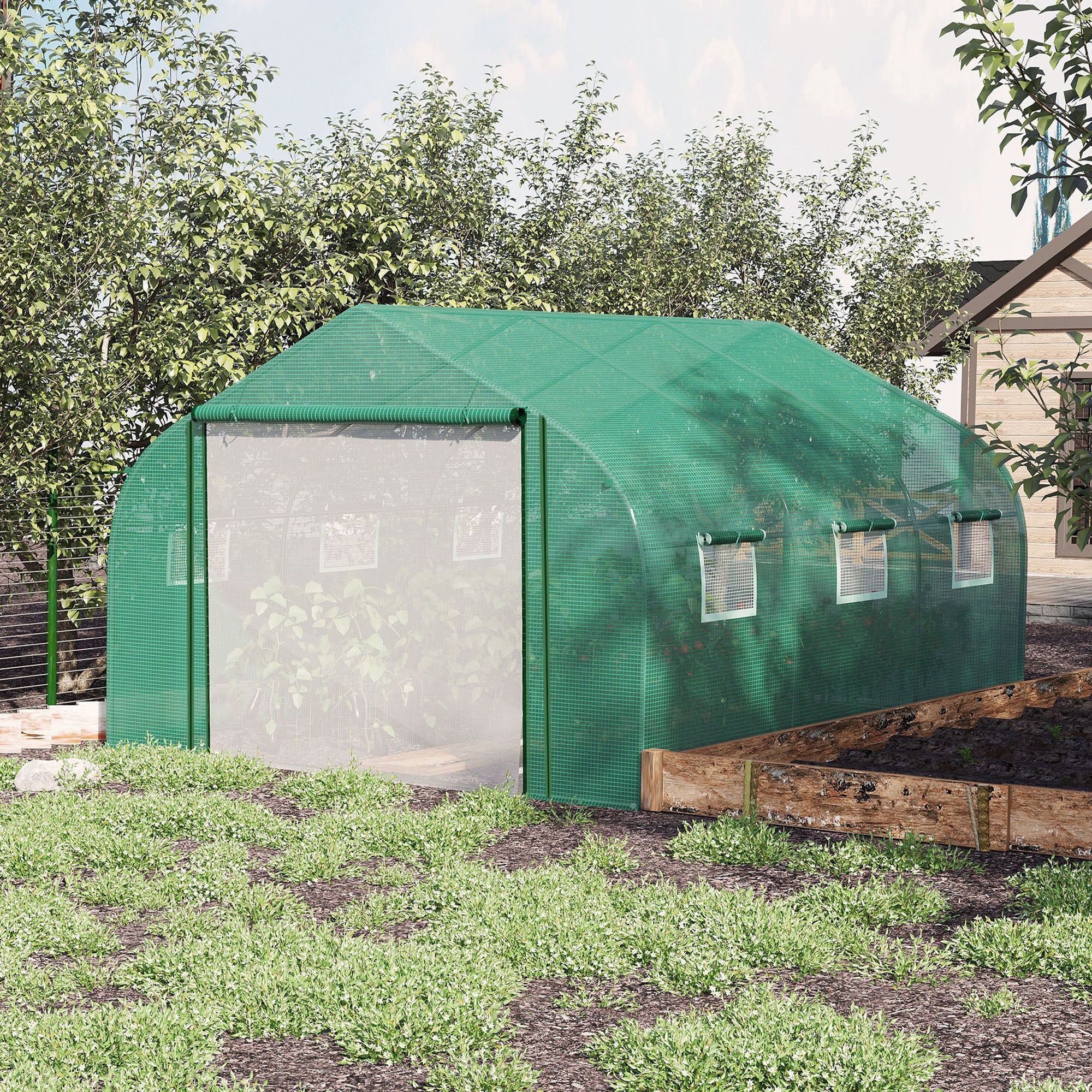 Serra a Tunnel da Giardino Grande 3,5 x 3 x 2 m - 6 finestre e Porta avvolgibile con cerniera - Acciaio zincato PE ad alta densità Verde