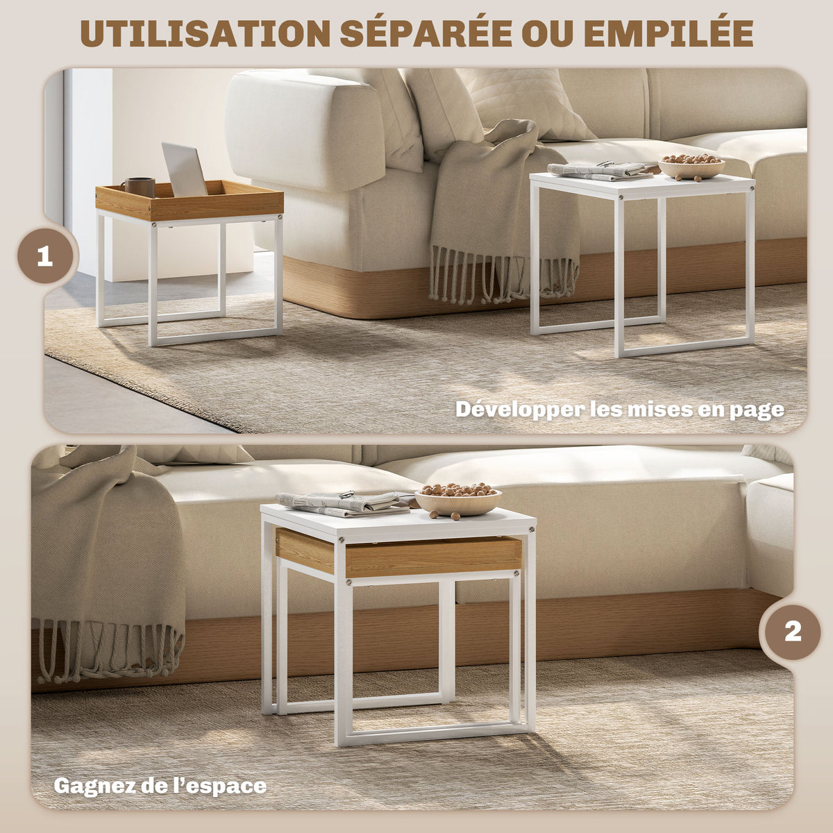 Set van 2 vierkante uitschuifbare salontafels, nesteltafels met stalen frame, moderne stijl, wit