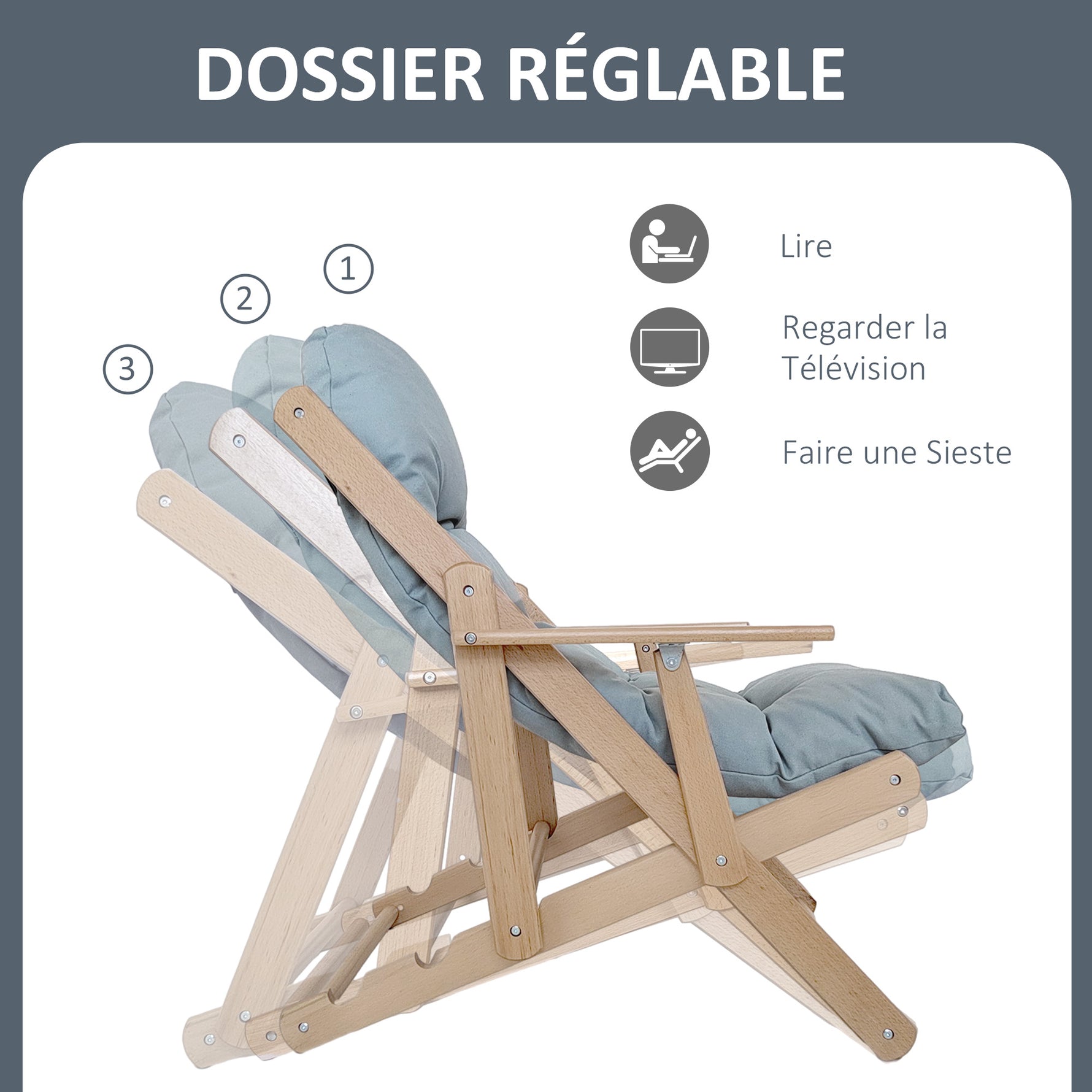 Fauteuil Chaise de Salon Pliable et inclinable en Bois Fauteuil Relax Confortable avec Coussin capitonné épais