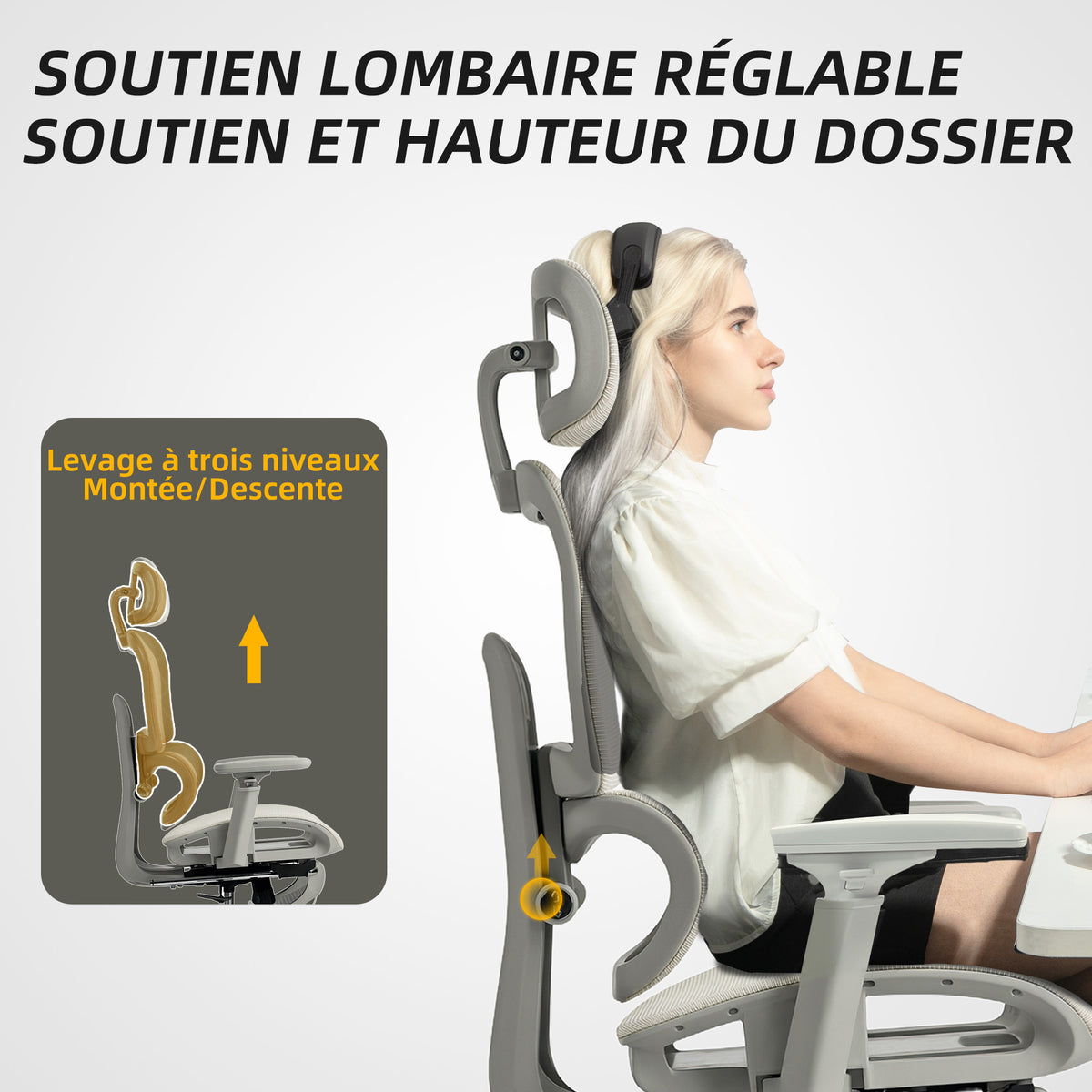 Chaise de bureau ergonomique en maille, fauteuil de bureau inclinable, accoudoirs 3D, appui-tête réglable, beige