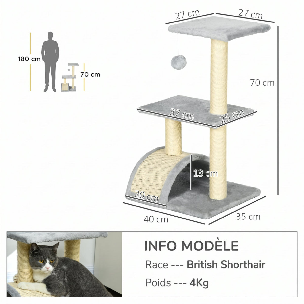 Krabpaal krabmeubel voor katten hoogte 72 cm met hangend speeltje lichtgrijs