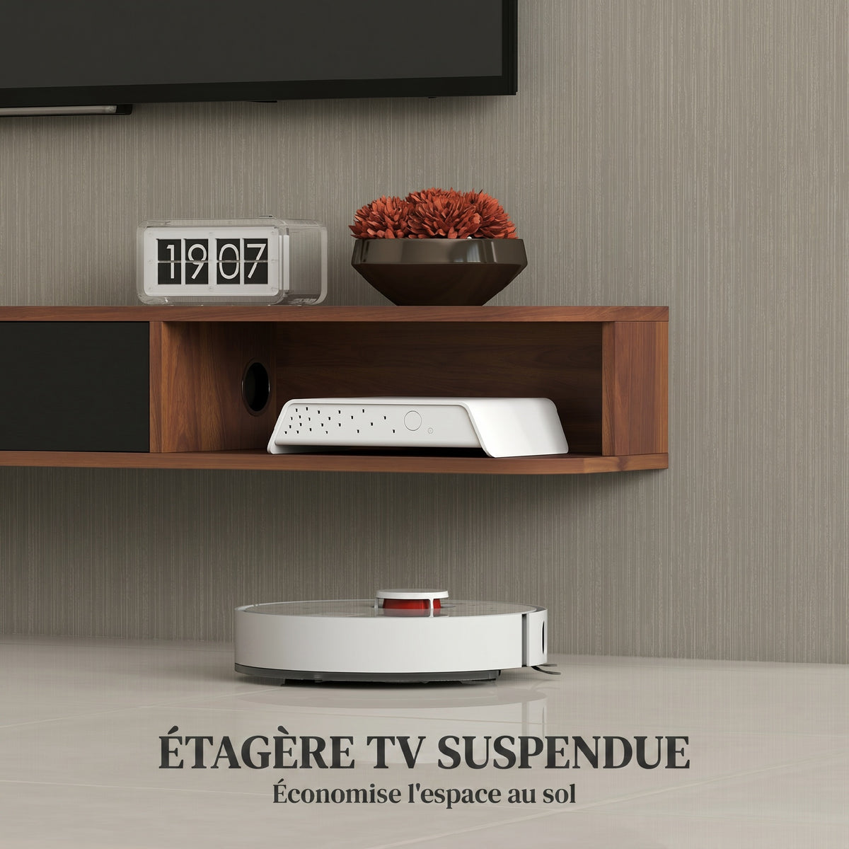 Meuble TV Suspendu, Meuble Télé pour Téléviseur jusqu'à 75 Pouces, Tiroir Rabattable, 2 Étagères, 180x24x16cm, Noyer