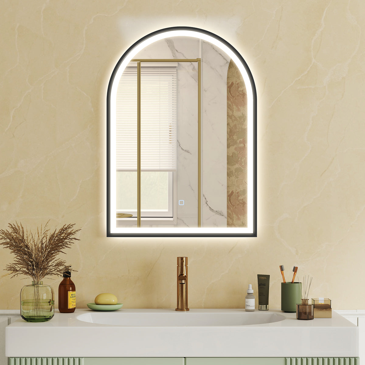 Espejo de baño con iluminación 50 x 70 cm, espejo LED arqueado, antivaho, 3 colores de luz, regulable, memoria, negro