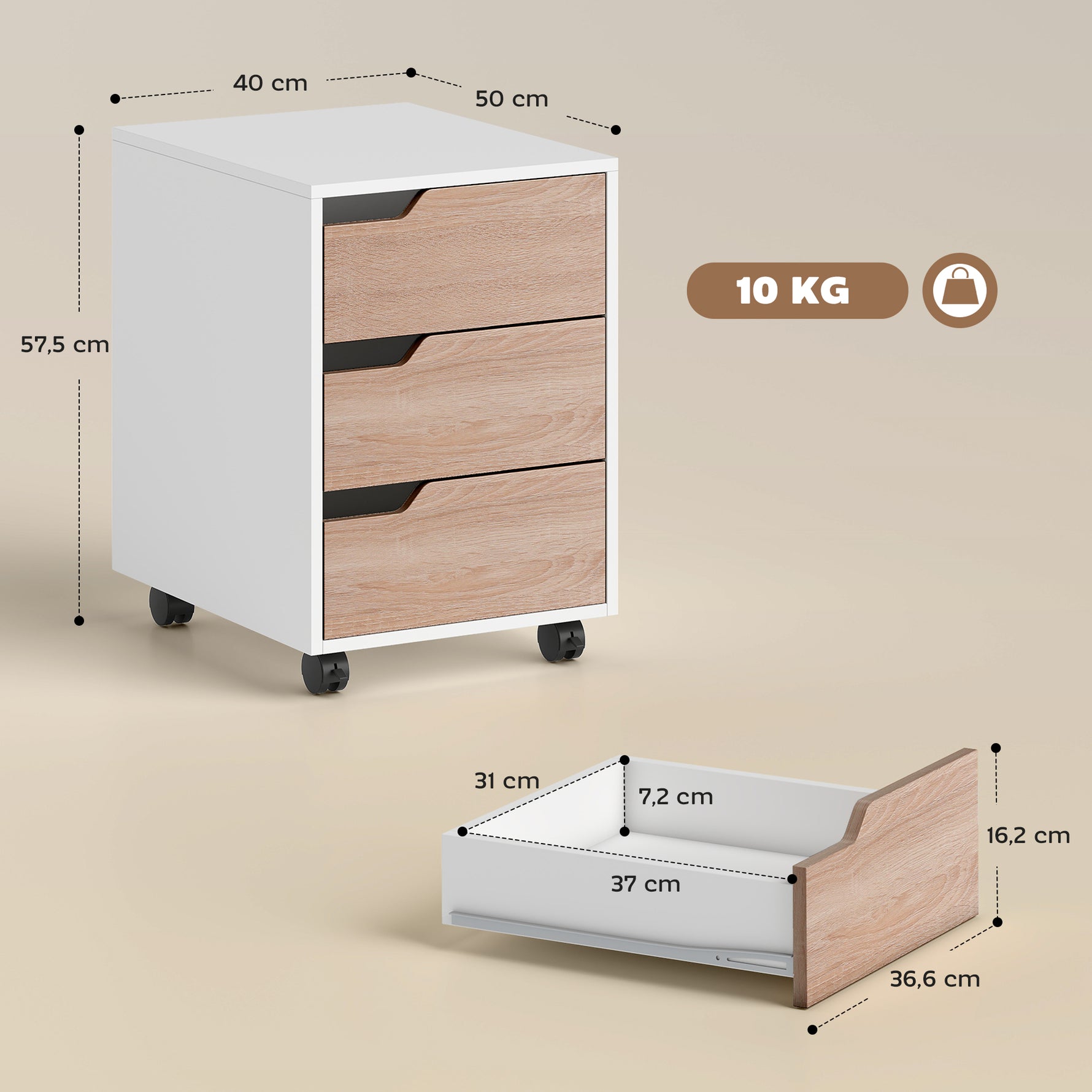 Caisson bureau mobile, meuble rangement bureau sur roulettes, 3 tiroirs, 40x50x57,5cm, blanc et chêne