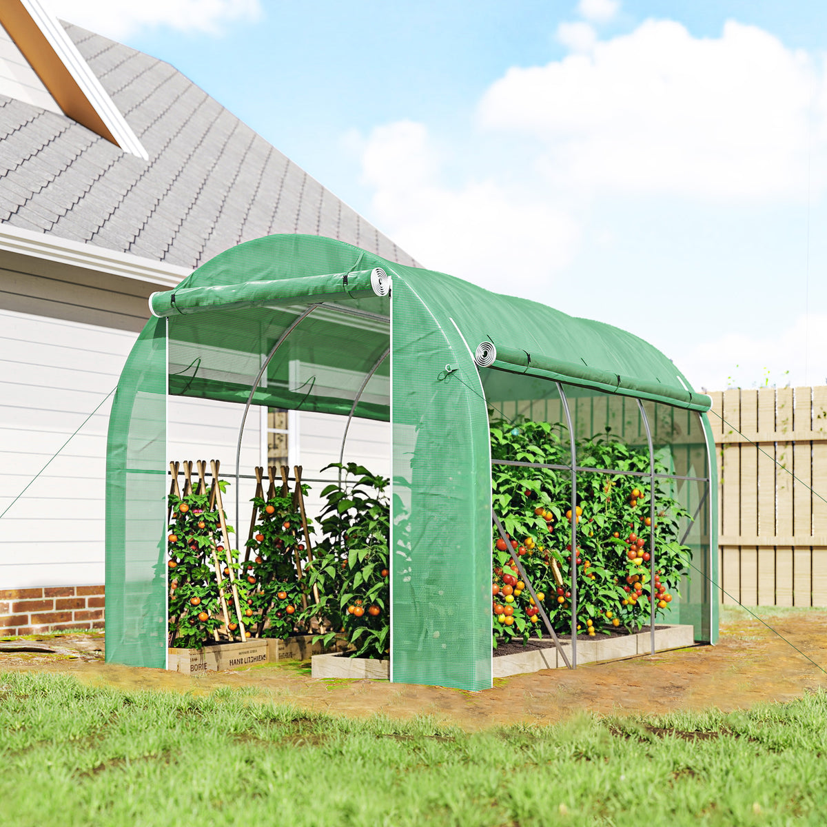 Serra a tunnel da giardino 6 m² 3 x 2 m con 1 porta + 2 pareti laterali avvolgibili con cerniera, 6 finestre, verde