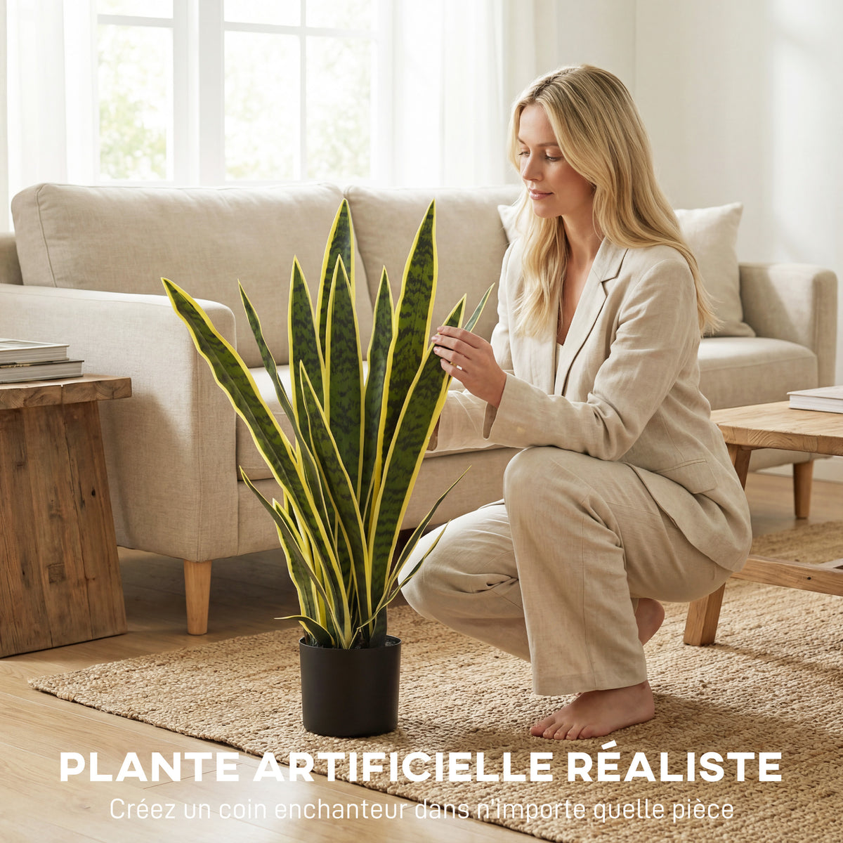 Plante Artificielle Sansevieria 77 cm avec 21 Feuilles Ajustables et Pot, Facile à Nettoyer, pour Bureau, Chambre, Vert