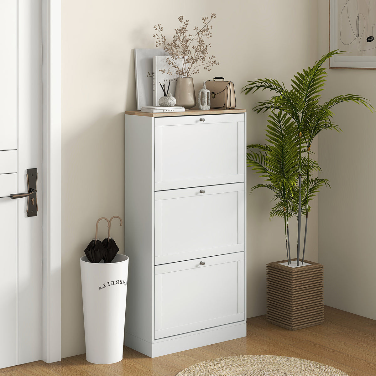 Scarpiera stile scandinavo 3 ante a ribalta 18 paia di scarpe 60 x 23,5 x 115 cm bianco effetto legno