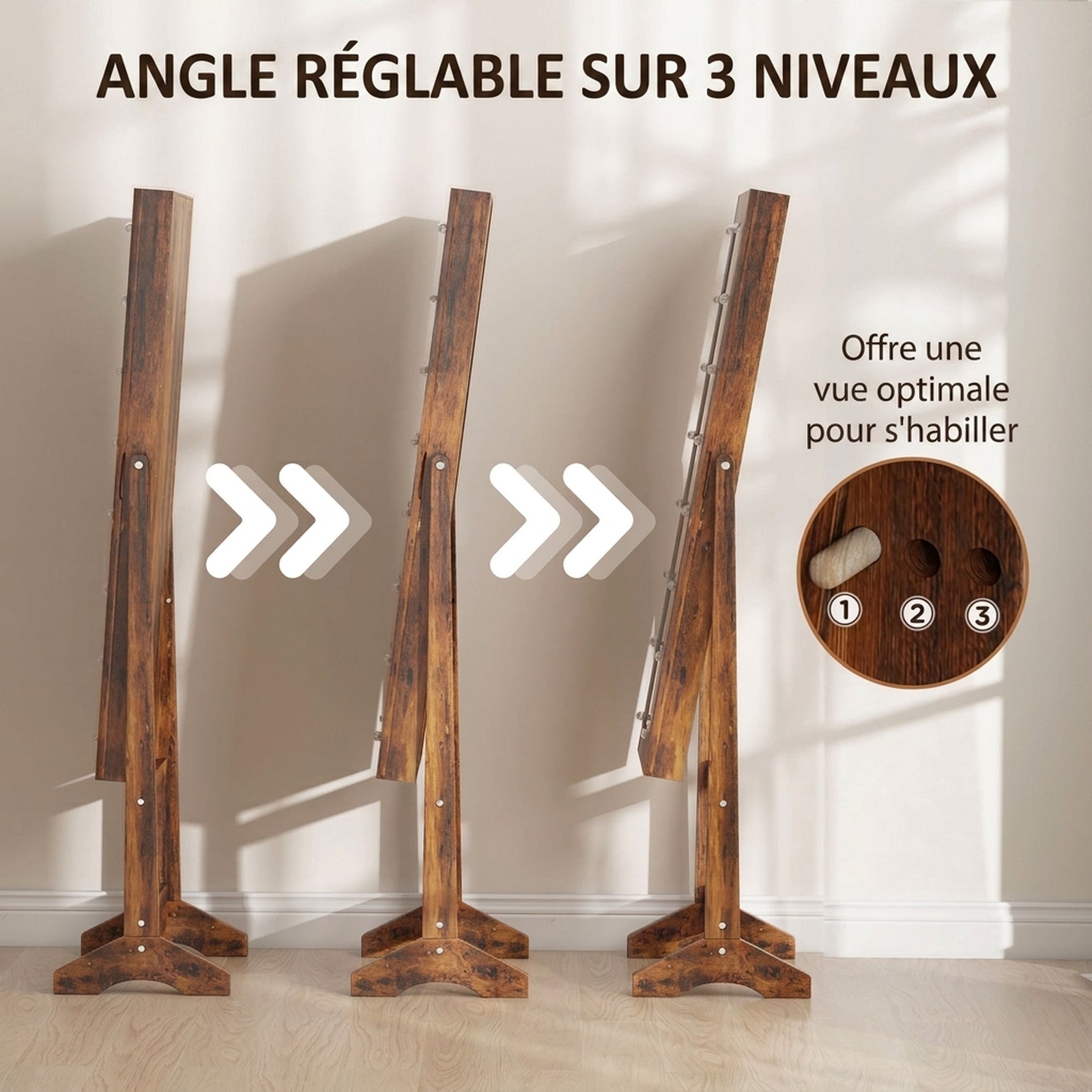 Armoire à bijoux armoire de rangement sur pieds boîte à bijoux avec miroir multi-rangements éclairage LED brun rustique