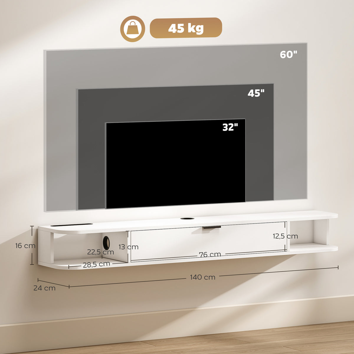 Hängendes TV-Board, Fernsehschrank für Fernseher bis 60 Zoll, Klappfach, 2 Ablagen, 140x24x16cm, Weiß