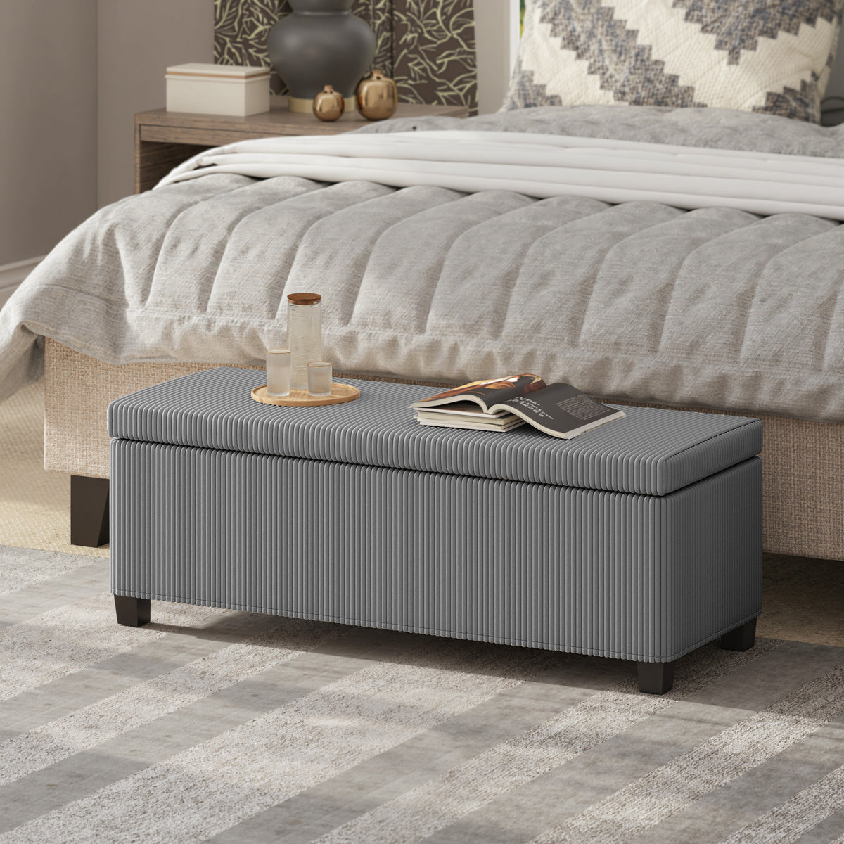 Banc de rangement bout de lit en velours côtelé avec couvercle, pour salon, chambre, entrée, 112 x 42 x 40 cm, gris
