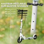 Trottinette enfants 3 à 8 ans, trottinette pliable à 2 roues LED roues lumineuses, 4 réglages en hauteur, blanc