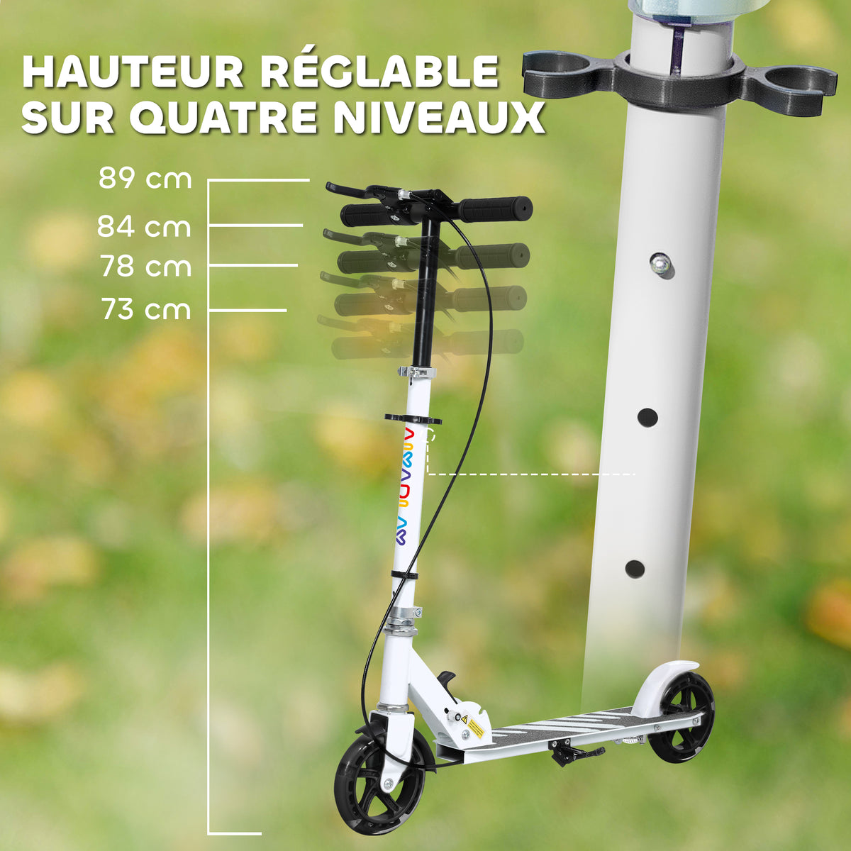 Trottinette enfants 3 à 8 ans, trottinette pliable à 2 roues LED roues lumineuses, 4 réglages en hauteur, blanc