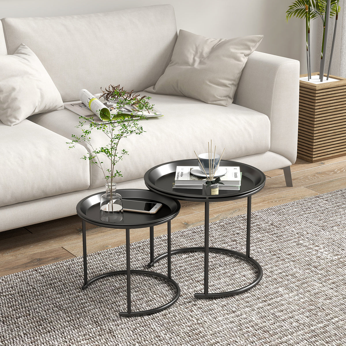 Lot de 2 tables basses rondes gigognes plateaux amovibles style industriel en acier Ø 43 et Ø 35 cm noir
