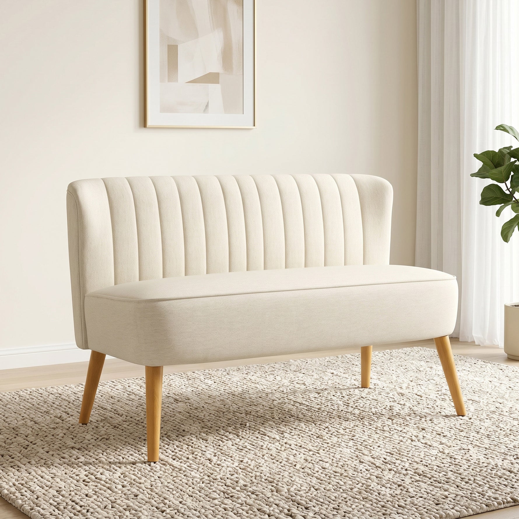 Canapé 2 places, canapé de salon en tissu aspect lin, assise rembourrée et pieds en bois d'hévéa, 117x56,5x77cm, crème