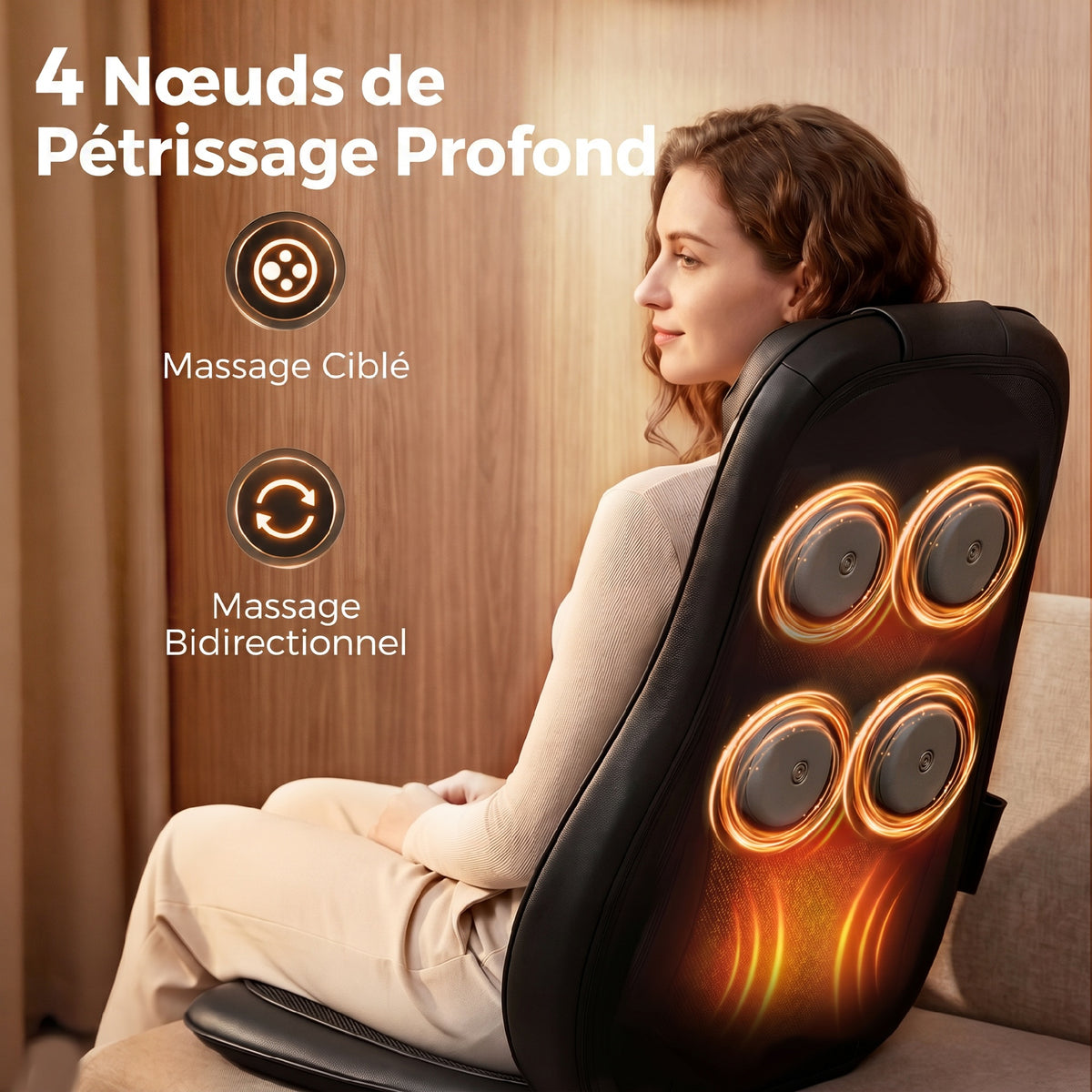 Masseur Dorsal Chauffant, Fauteuil de Massage Tissulaire Profond Vibration 3 Niveaux, Coussin de Massage