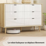 Commode 6 tiroirs, meuble de rangement à haute brillance, 5 pieds en bois, 110 x 40 x 75 cm, blanc et chêne