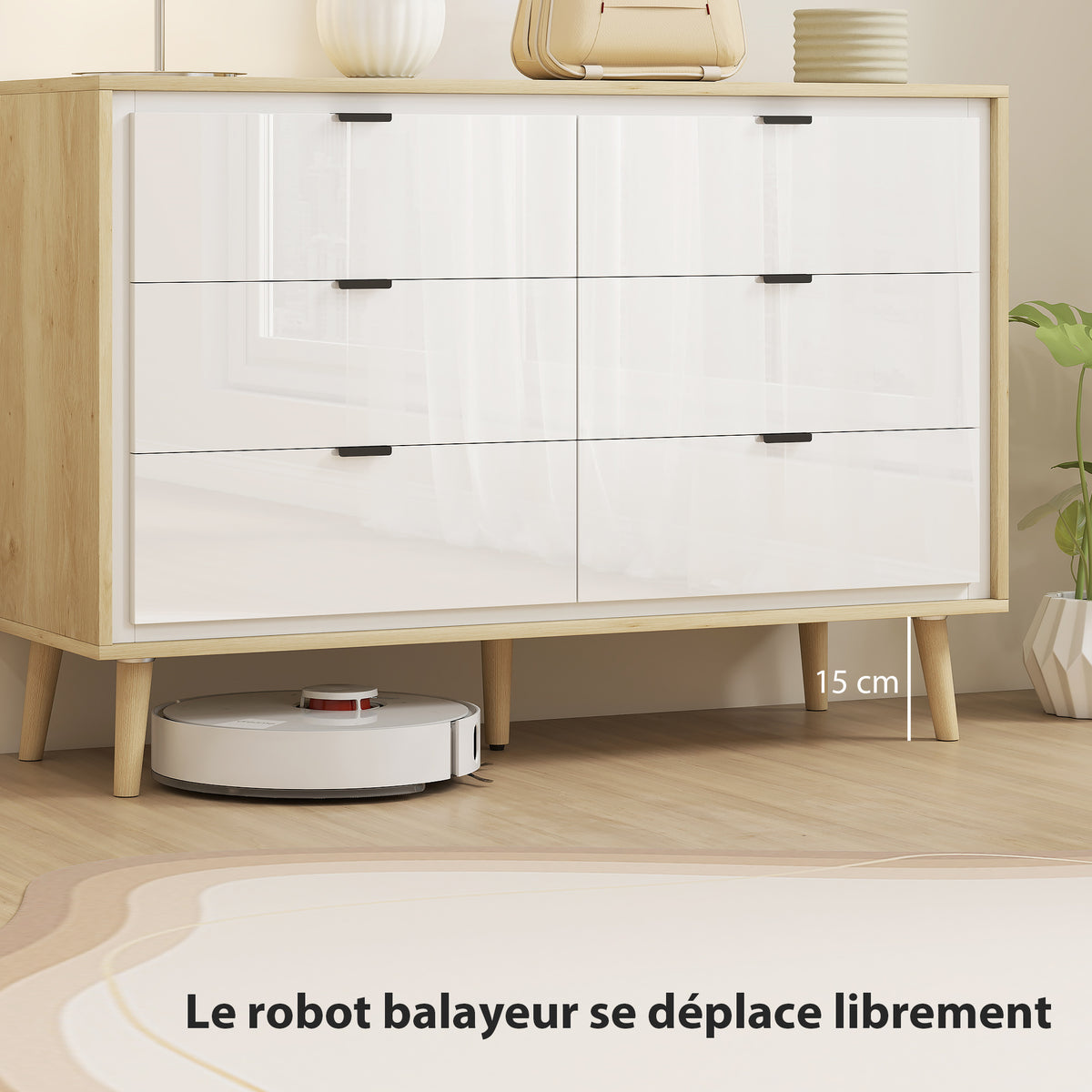 Commode 6 tiroirs, meuble de rangement à haute brillance, 5 pieds en bois, 110 x 40 x 75 cm, blanc et chêne