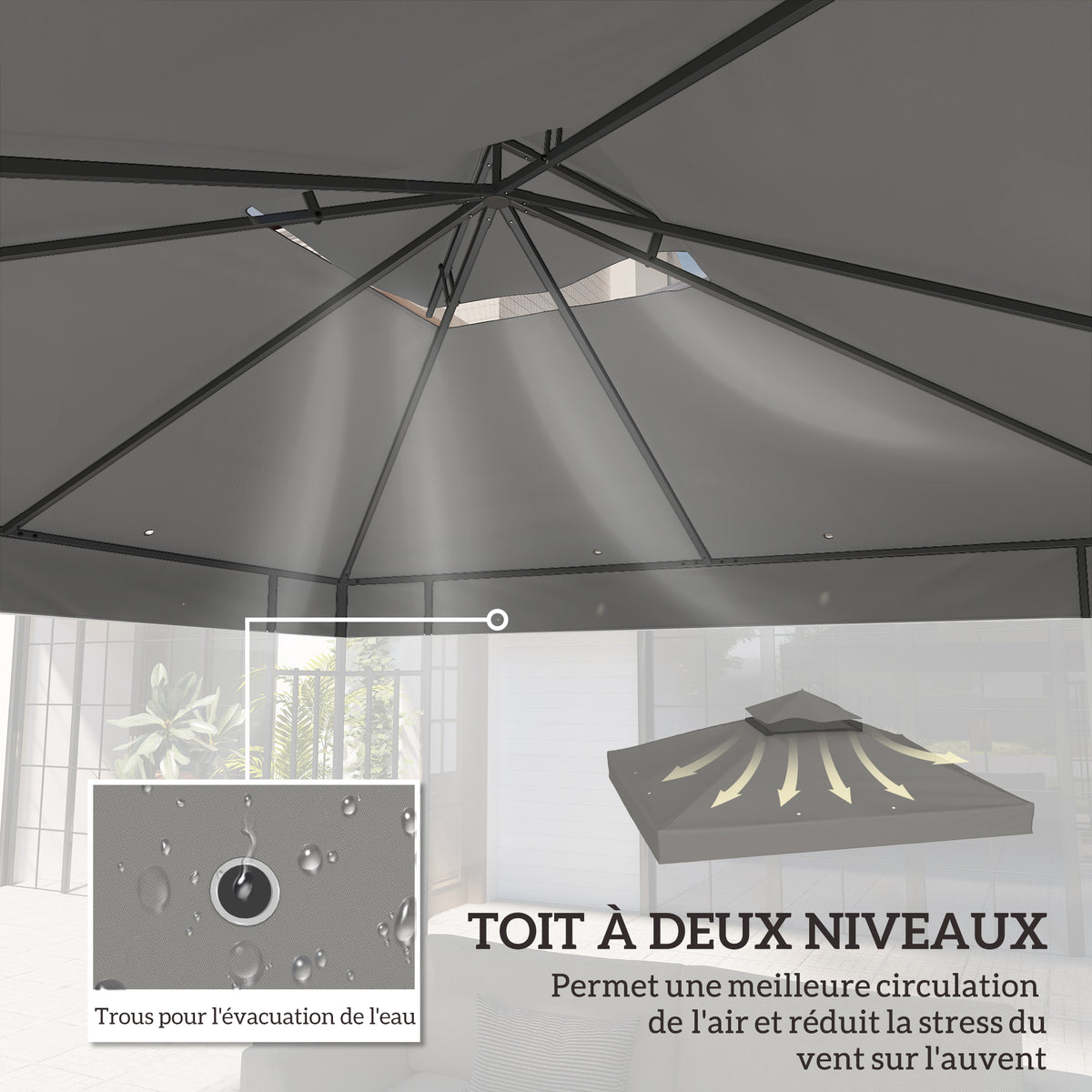 Toile pour tonnelle 3 x 3 m toile de rechange pour tonnelle à 2 niveaux protection UPF30+ trous de drainage gris