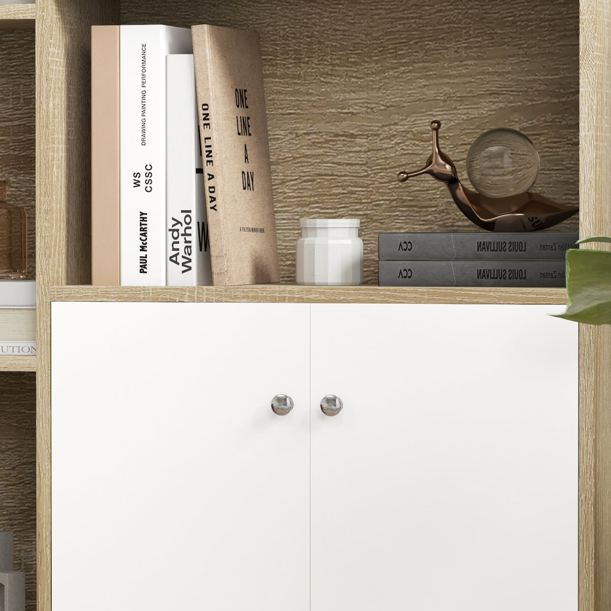 Bibliothèque scandinave meuble de rangement dim. 80L x 23,5l x 123H cm 5 niches placard 2 portes pieds effilés inclinés